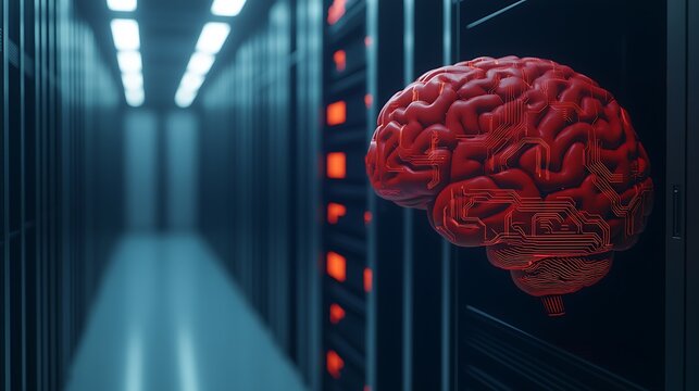 A digital brain is integrated into a server room, symbolizing the fusion of technology and human intelligence.