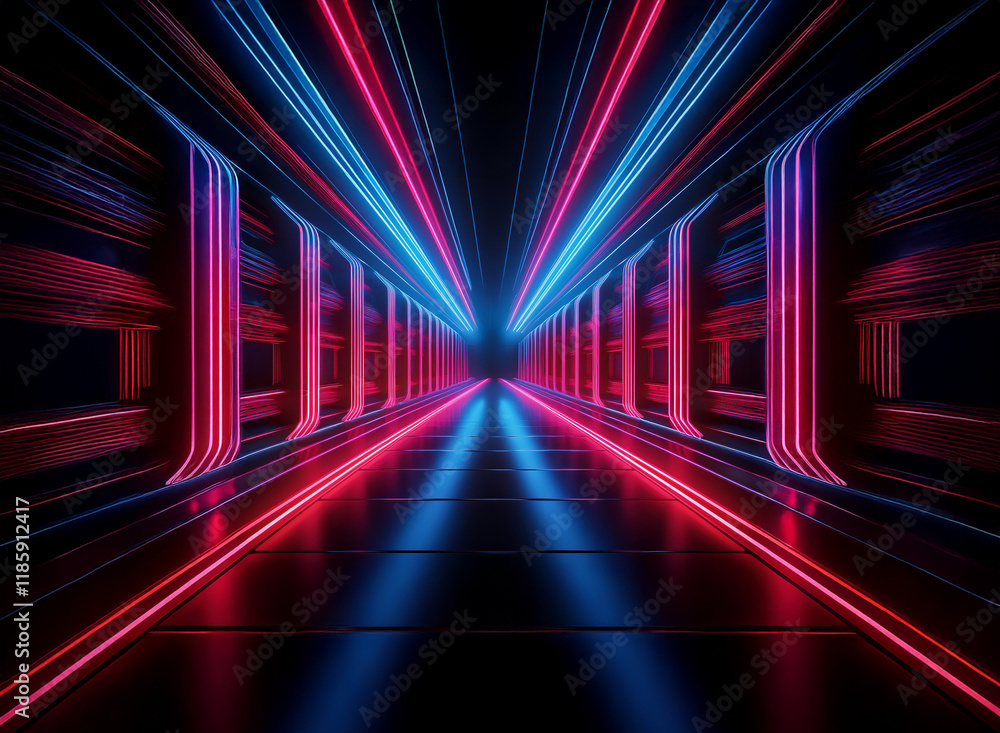 Aufkleber a mesmerizing digital rendering of a futuristic corridor. neon red and blue lines illuminate a dark,