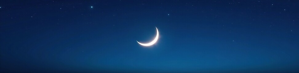 Lunar crescent glows softly in moonlit night sky, Arabian, Lunar Crescent, Blue Sky