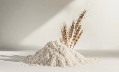 Wheat flour and grains on white, showcasing a pile of flour with an ear of wheat beside it, natural agricultural elements. Bakery ingredient
