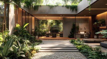 Open-concept office in 3D rendering with greenery and sunlight through skylights