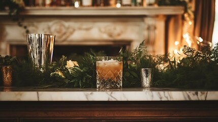 A stylish wedding bar menu placed at the center of the countertop, with cocktails and decorative greenery framing the scene