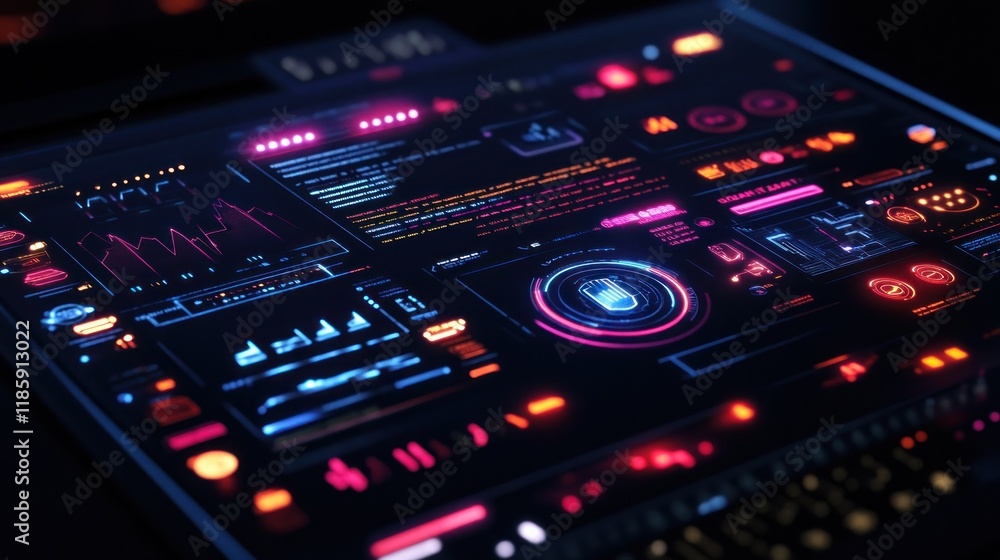 Poster futuristic digital dashboard with glowing interface.