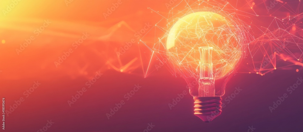 Poster glowing lightbulb with abstract network.