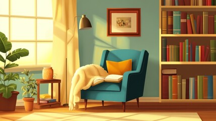 Cozy reading nook with armchair, bookshelves, and sunlight.