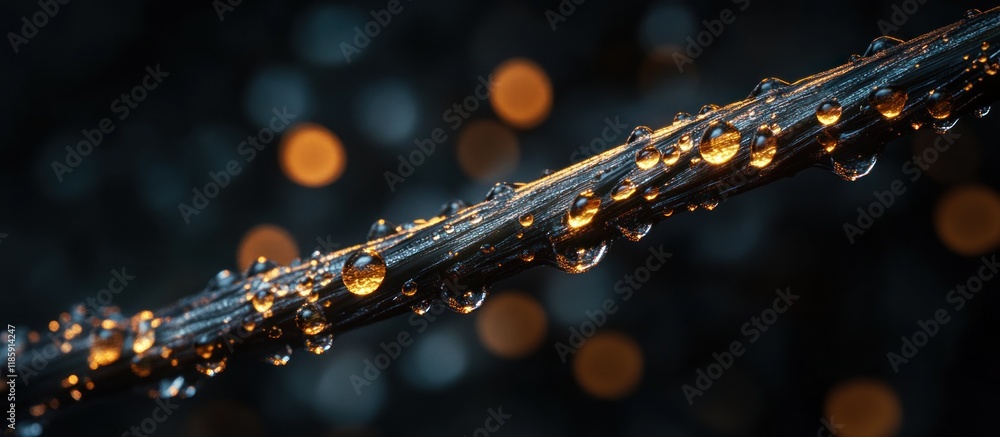 Poster close-up of raindrops on a dark branch against a bokeh background.