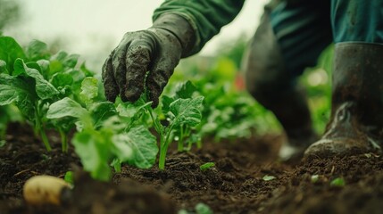 A busy farmer at a roadside vegetable stand, arranging fresh produce for customers with a smile on their face