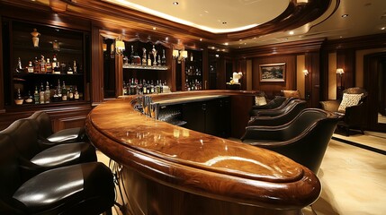 An upscale bar setting featuring a polished wood counter, stylish leather chairs, and soft, ambient lighting to enhance the luxurious atmosphere