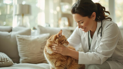 Smiling veterinarian caring for a cat at home