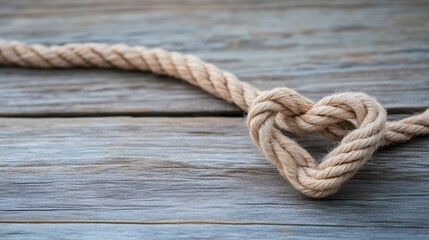 Obraz premium Heart-Shaped Knot Tied with Natural Twine on Rustic Wooden Surface for Concept of Love and Connection