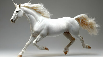 White Unicorn Runs Gracefully, Mythical Creature in Motion