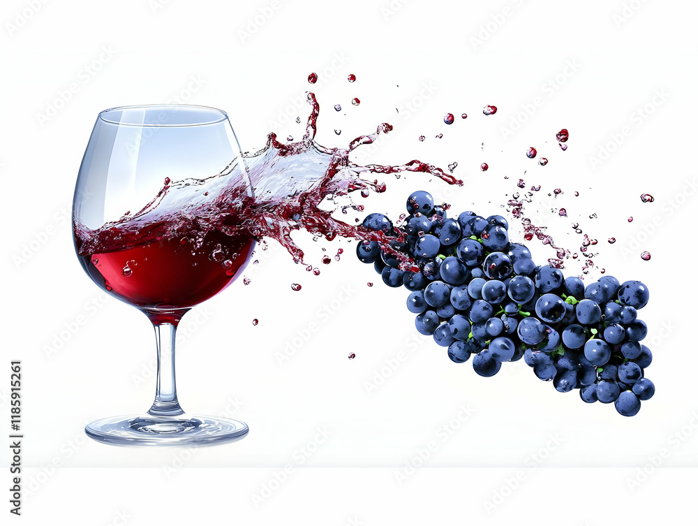 Aufkleber red wine splashes with fresh grapes on white background dynamically