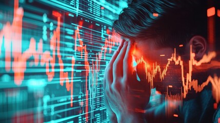 Person Holding Their Face in Hands Surrounded by Digital Data Visualizations