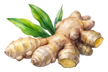 Fresh ginger root, vibrant green leaves, watercolor style, natural ingredients, culinary use, herbal medicine.
