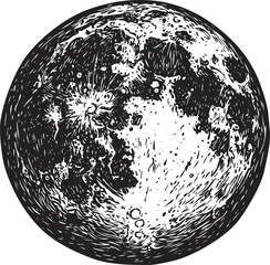 Naklejka premium Detailed black and white illustration of the moon with visible craters.