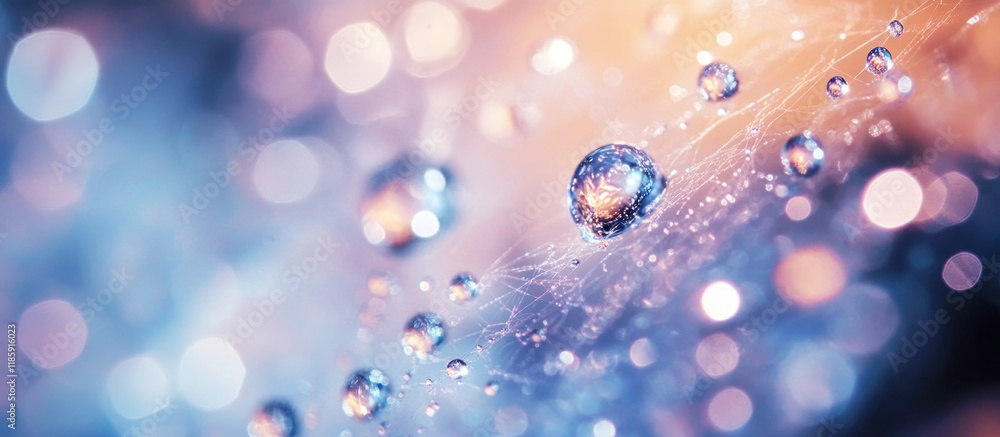 Poster dewdrops on a spiderweb with bokeh background.