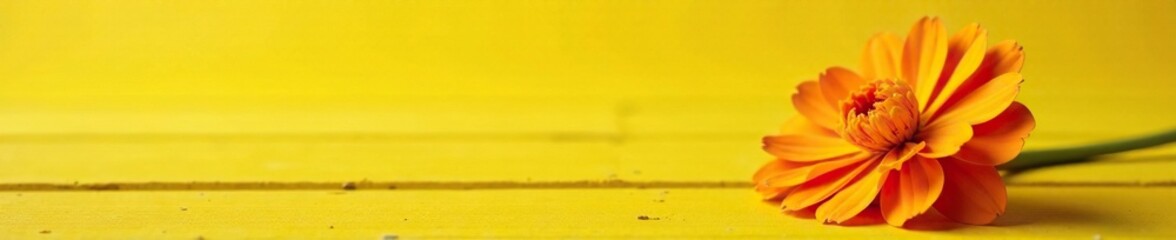 Single orange marigold flower on a wooden surface, texture, yellow