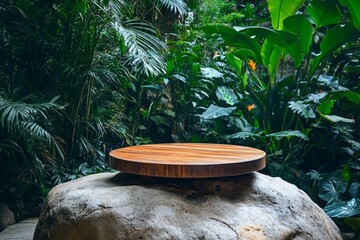 Tropical garden wooden display, rock, foliage backdrop
