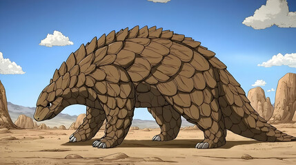 Fototapeta premium Pangolin walking desert landscape, arid background, wildlife illustration, children's book