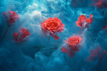Fototapeta premium Red roses in swirling smoke. Mysterious romantic composition. Blooming flowers on dark background
