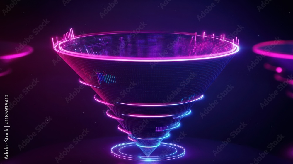 Poster futuristic glowing funnel with data visualization.