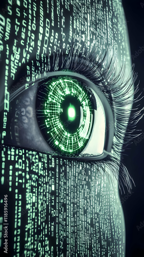 Poster digital eye scans binary code: cybersecurity, tech, future