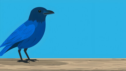 Blue crow perched on wood against a blue background, ideal for website banners or social media posts