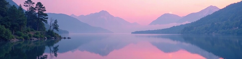 Obraz premium Soft pink light fades over serene mountain lake, trees, mist, nature