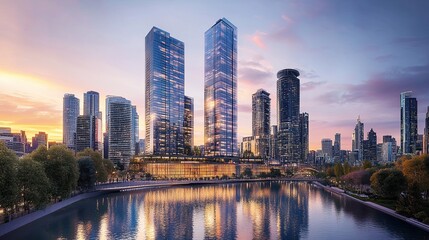 Naklejka premium Contemporary office towers with sleek glass facades, capturing the modern and dynamic architecture of cityscapes with high-rise buildings and reflective surfaces.