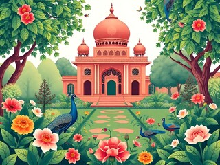 Mughal traditional garden with peacock, bird, flower and temple pattern illustration