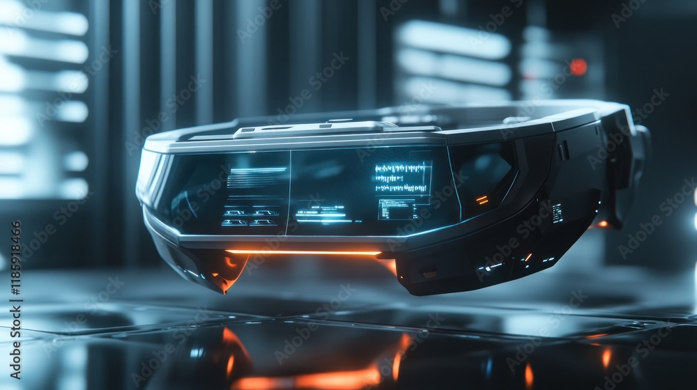 Poster futuristic tech gadget hovers, displaying digital interface.