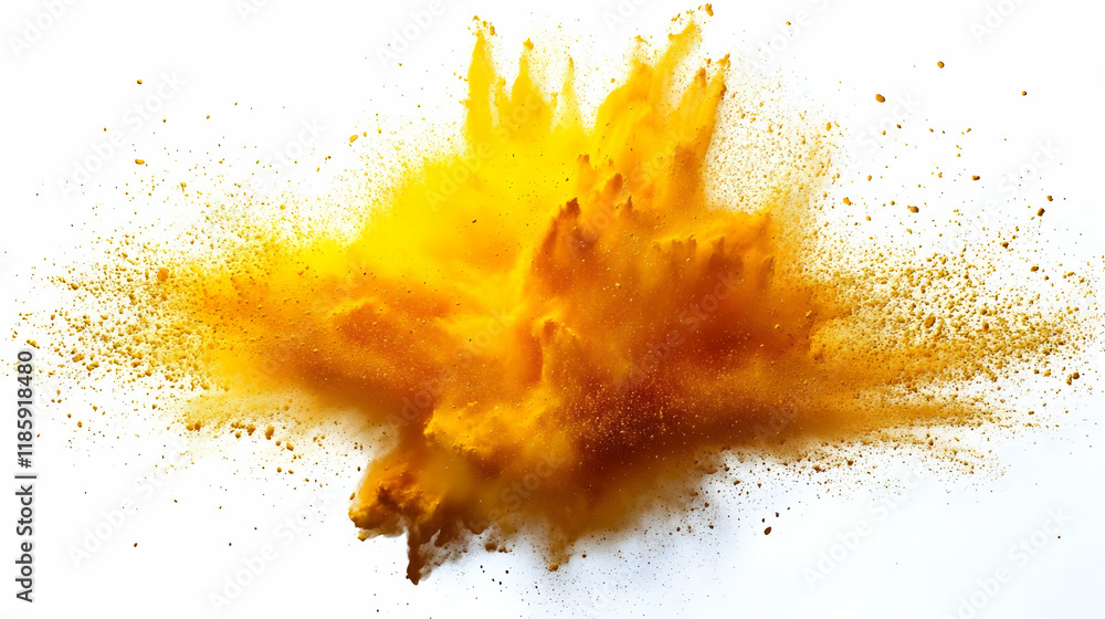 Aufkleber yellow powder explodes on white background dynamically with particles