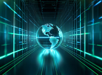 A translucent glass globe hovers at the center of a futuristic, glowing turquoise corridor.  The lines create a sense of depth and technological advancement, suggesting global connectivity.