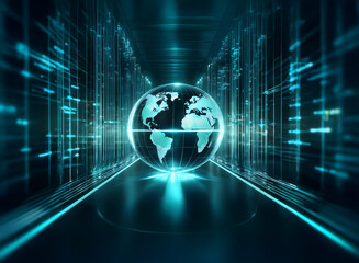 Fototapeta premium A glowing glass Earth sits at the center of a futuristic, teal-lit server room, symbolizing global connectivity and digital infrastructure.
