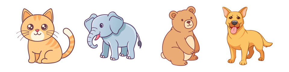 Illustration of Domestic and Wild Animals A playful illustration featuring a cat, elephant, bear, and dog, combining domestic pets and wild animals in a cute design. 