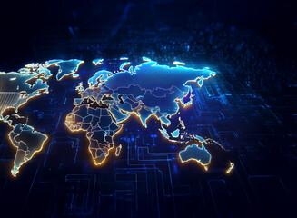 Glowing world map on a digital circuit board, symbolizing global connectivity and technological advancement.  A futuristic depiction of international networking.