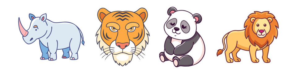 Illustration of Wild Animals and Big Cats  - A vibrant illustration featuring a rhinoceros, tiger, panda, and lion, highlighting diverse and iconic wild animals in a cartoon style.  