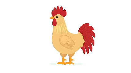 Fototapeta premium Cute cartoon rooster, standing, white background, farm scene in the background. Use for children's books, educational materials.