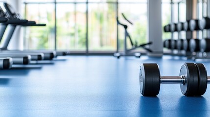 Fototapeta premium Detailed View of Single Dumbbell on Blue Gym Floor in Modern Fitness Center with Equipment in Background