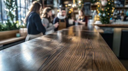 A polished dark wooden bar counter in a charming shop, bathed in warm sunlight. with a group of two or three people dressed in cozy working outfits