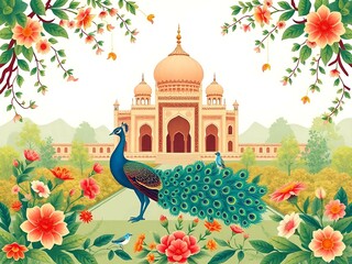 Mughal traditional garden with peacock, bird, flower and temple pattern illustration