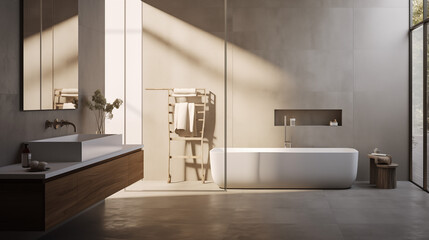 Modern minimalist bathroom featuring a freestanding bathtub, wooden vanity, and large windows allowing warm sunlight to create a serene atmosphere.
