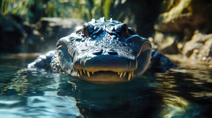 Fototapeta premium Close-up photo of the saltwater crocodile in its natural habitat. Concept for World Animal Day.