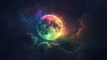 Vibrant rainbow moon in a cosmic night sky.