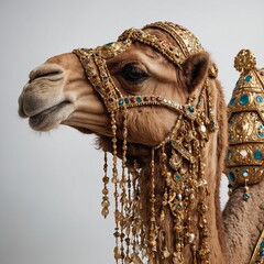 A camel adorned with gold and jewels on a white backdrop.