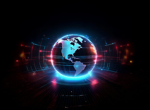 A glowing digital globe, encircled by vibrant blue and red energy, spins against a dark background.  Intricate technological elements surround it, suggesting global connectivity and advanced technolog