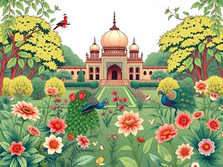 Mughal traditional garden with peacock, bird, flower and temple pattern illustration