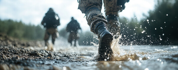 Obraz premium Soldiers wading through river, splashing water on muddy terrain, showcasing determination and teamwork in natural setting. scene captures essence of adventure