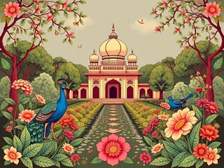 Mughal traditional garden with peacock, bird, flower and temple pattern illustration