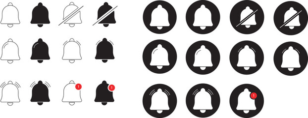 Notification bell icon set. Incoming inbox message. Alarm symbol. Incoming message symbol. Bell for subscribe. Alarm and push chat alert. New notification, reminder.